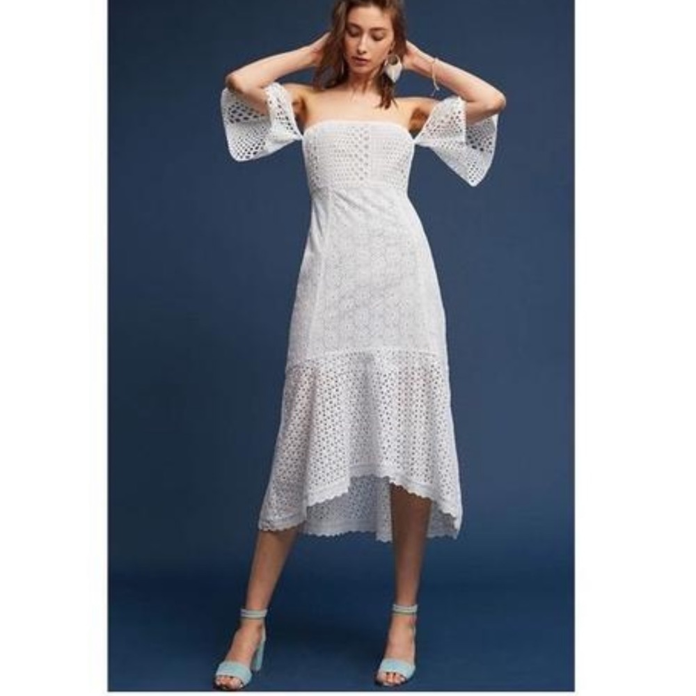 FARM RIO Anthropologie White Cotton Eyelet Off Shoulder midi dress woman size XS